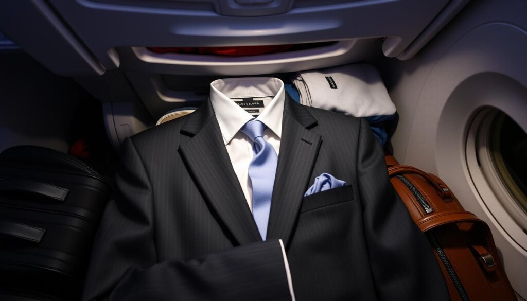 Suit storage in overhead compartments